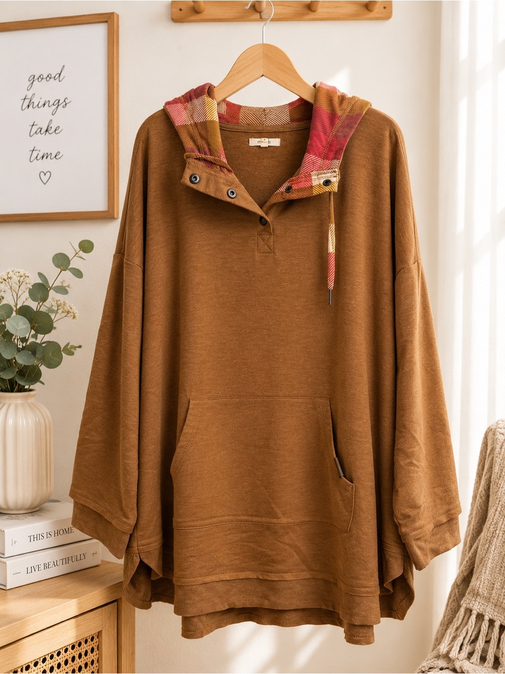 Maurices Brown Hooded Hooded Sweatshirt with Plaid Trim